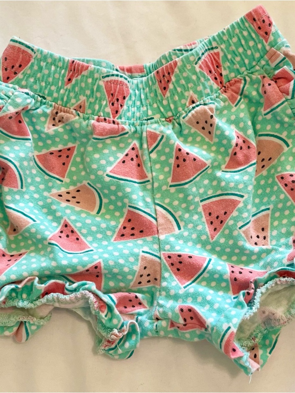 Kids Watermelon Print Ruffle Shorts - Mint Pink 12 Months
3/$18 or 4/$20